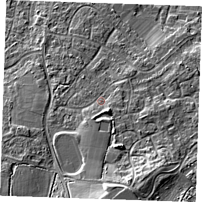 Shaded relief map of the ground around TN126LQ, computed from Environment Agency LiDAR. The ground here sits at about 23 m above sea level and falls 16 m across the surrounding 800 m. Surface water reaching this point runs off ground lying to the south, 6.5 m higher.