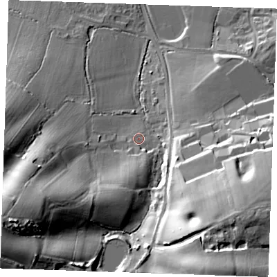 Shaded relief map of the ground around TN126LT, computed from Environment Agency LiDAR. The ground here sits at about 32 m above sea level and falls 42 m across the surrounding 800 m. Surface water reaching this point runs off ground lying to the south-south-west, 6.8 m higher.