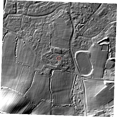 Shaded relief map of the ground around TN126LW, computed from Environment Agency LiDAR. The ground here sits at about 27 m above sea level and falls 33 m across the surrounding 800 m. Surface water reaching this point runs off ground lying to the south-west, 17.9 m higher.