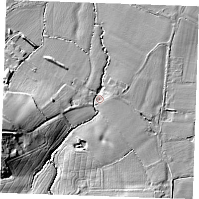 Shaded relief map of the ground around TN126NB, computed from Environment Agency LiDAR. The ground here sits at about 29 m above sea level and falls 22 m across the surrounding 800 m. Surface water reaching this point runs off ground lying to the west-south-west, 19.4 m higher.