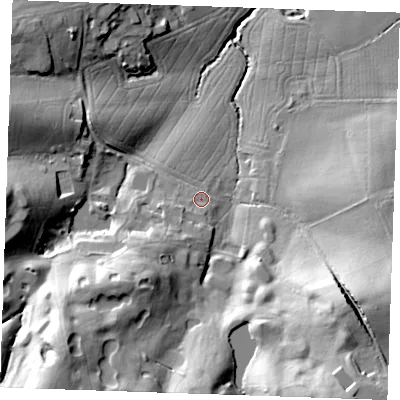 Shaded relief map of the ground around TN126ND, computed from Environment Agency LiDAR. The ground here sits at about 41 m above sea level and falls 36 m across the surrounding 800 m. Surface water reaching this point runs off ground lying to the south-west, 14.2 m higher.