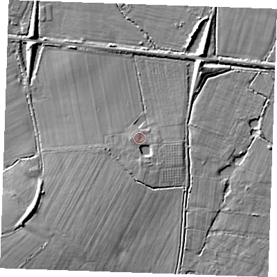 Shaded relief map of the ground around TN126NS, computed from Environment Agency LiDAR. The ground here sits at about 17 m above sea level and falls 10 m across the surrounding 800 m. Surface water reaching this point runs off ground lying to the south, 2.6 m higher.