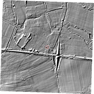 Shaded relief map of the ground around TN126NU, computed from Environment Agency LiDAR. The ground here sits at about 15 m above sea level and falls 7 m across the surrounding 800 m. Surface water reaching this point runs off ground lying to the west-south-west, 3.3 m higher.