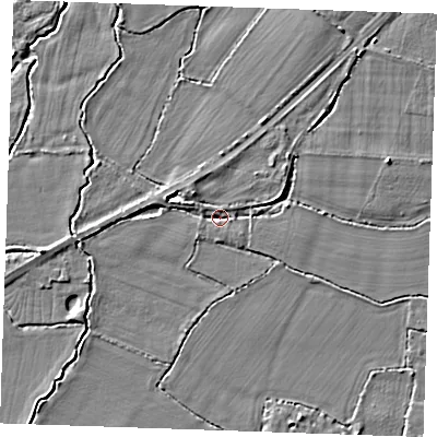 Shaded relief map of the ground around TN126NW, computed from Environment Agency LiDAR. The ground here sits at about 13 m above sea level and falls 4 m across the surrounding 800 m. Surface water reaching this point runs off ground lying to the west-north-west, 2.3 m higher.