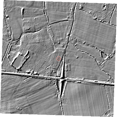 Shaded relief map of the ground around TN126NX, computed from Environment Agency LiDAR. The ground here sits at about 15 m above sea level and falls 7 m across the surrounding 800 m. Surface water reaching this point runs off ground lying to the south, 5.8 m higher.