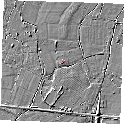 Shaded relief map of the ground around TN126PA, computed from Environment Agency LiDAR. The ground here sits at about 15 m above sea level and falls 7 m across the surrounding 800 m. Surface water reaching this point runs off ground lying to the south-south-west, 0.5 m higher.