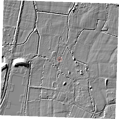 Shaded relief map of the ground around TN126PB, computed from Environment Agency LiDAR. The ground here sits at about 13 m above sea level and falls 11 m across the surrounding 800 m. Surface water reaching this point runs off ground lying to the south-east, 2.4 m higher.