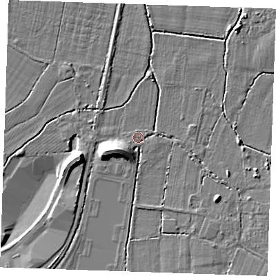 Shaded relief map of the ground around TN126PD, computed from Environment Agency LiDAR. The ground here sits at about 14 m above sea level and falls 11 m across the surrounding 800 m. Surface water reaching this point runs off ground lying to the west-south-west, 10.2 m higher.