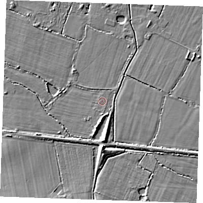 Shaded relief map of the ground around TN126PE, computed from Environment Agency LiDAR. The ground here sits at about 15 m above sea level and falls 8 m across the surrounding 800 m. Surface water reaching this point runs off ground lying to the south-south-east, 0.5 m higher.