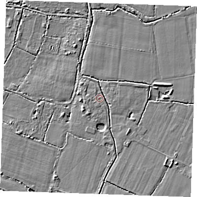 Shaded relief map of the ground around TN126PF, computed from Environment Agency LiDAR. The ground here sits at about 15 m above sea level and falls 5 m across the surrounding 800 m. Surface water reaching this point runs off ground lying to the south-east, 2.2 m higher.