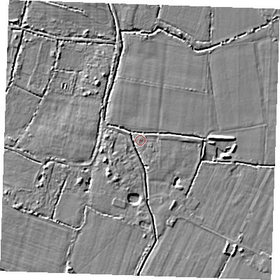 Shaded relief map of the ground around TN126PG, computed from Environment Agency LiDAR. The ground here sits at about 15 m above sea level and falls 5 m across the surrounding 800 m. Surface water reaching this point runs off ground lying to the south-south-east, 2.2 m higher.