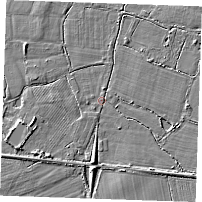Shaded relief map of the ground around TN126PH, computed from Environment Agency LiDAR. The ground here sits at about 14 m above sea level and falls 7 m across the surrounding 800 m. Surface water reaching this point runs off ground lying to the south, 6.1 m higher.
