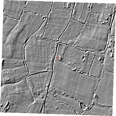 Shaded relief map of the ground around TN126PJ, computed from Environment Agency LiDAR. The ground here sits at about 14 m above sea level and falls 6 m across the surrounding 800 m. Surface water reaching this point runs off ground lying to the south-west, 5.4 m higher.