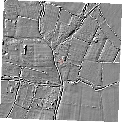 Shaded relief map of the ground around TN126PL, computed from Environment Agency LiDAR. The ground here sits at about 14 m above sea level and falls 4 m across the surrounding 800 m. Surface water reaching this point runs off ground lying to the north-east, 0.8 m higher.