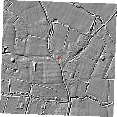 Shaded relief map of the ground around TN126PN, computed from Environment Agency LiDAR. The ground here sits at about 14 m above sea level and falls 4 m across the surrounding 800 m. Surface water reaching this point runs off ground lying to the south-south-east, 2.1 m higher.