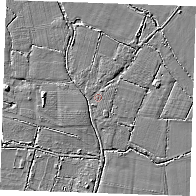 Shaded relief map of the ground around TN126PP, computed from Environment Agency LiDAR. The ground here sits at about 14 m above sea level and falls 4 m across the surrounding 800 m. Surface water reaching this point runs off ground lying to the south-south-west, 0.9 m higher.