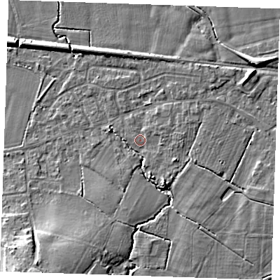 Shaded relief map of the ground around TN126PQ, computed from Environment Agency LiDAR. The ground here sits at about 21 m above sea level and falls 12 m across the surrounding 800 m. Surface water reaching this point runs off ground lying to the south-south-east, 2.9 m higher.