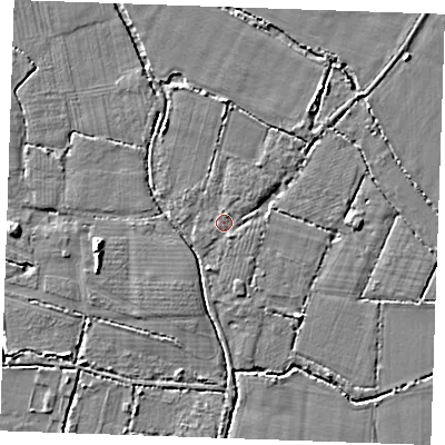 Shaded relief map of the ground around TN126PR, computed from Environment Agency LiDAR. The ground here sits at about 14 m above sea level and falls 4 m across the surrounding 800 m. Surface water reaching this point runs off ground lying to the south-south-east, 1.1 m higher.