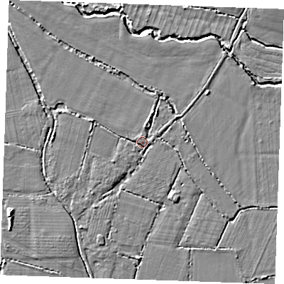 Shaded relief map of the ground around TN126PS, computed from Environment Agency LiDAR. The ground here sits at about 14 m above sea level and falls 5 m across the surrounding 800 m. Surface water reaching this point runs off ground lying to the south, 2.9 m higher.