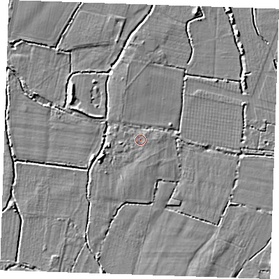 Shaded relief map of the ground around TN126PT, computed from Environment Agency LiDAR. The ground here sits at about 14 m above sea level and falls 4 m across the surrounding 800 m. Surface water reaching this point runs off ground lying to the west-south-west, 2.3 m higher.