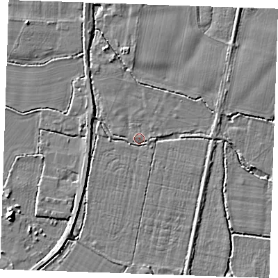 Shaded relief map of the ground around TN126PU, computed from Environment Agency LiDAR. The ground here sits at about 14 m above sea level and falls 7 m across the surrounding 800 m. Surface water reaching this point runs off ground lying to the south-west, 3.0 m higher.