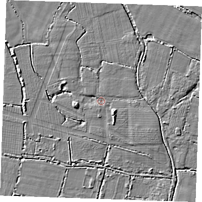 Shaded relief map of the ground around TN126PW, computed from Environment Agency LiDAR. The ground here sits at about 14 m above sea level and falls 5 m across the surrounding 800 m. Surface water reaching this point runs off ground lying to the south-east, 3.0 m higher.