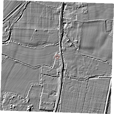 Shaded relief map of the ground around TN126PX, computed from Environment Agency LiDAR. The ground here sits at about 14 m above sea level and falls 7 m across the surrounding 800 m. Surface water reaching this point runs off ground lying to the south-east, 1.6 m higher.