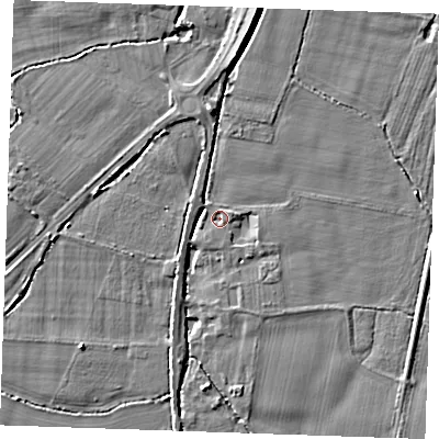 Shaded relief map of the ground around TN126PY, computed from Environment Agency LiDAR. The ground here sits at about 13 m above sea level and falls 4 m across the surrounding 800 m. Surface water reaching this point runs off ground lying to the south-west, 2.0 m higher.