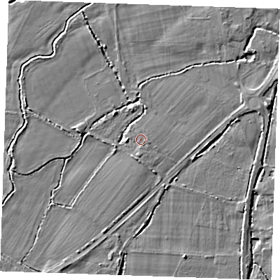 Shaded relief map of the ground around TN126PZ, computed from Environment Agency LiDAR. The ground here sits at about 14 m above sea level and falls 4 m across the surrounding 800 m. Surface water reaching this point runs off ground lying to the south, 0.9 m higher.