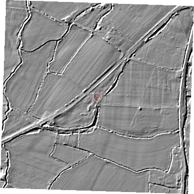 Shaded relief map of the ground around TN126QB, computed from Environment Agency LiDAR. The ground here sits at about 14 m above sea level and falls 4 m across the surrounding 800 m. Surface water reaching this point runs off ground lying to the south, 1.1 m higher.