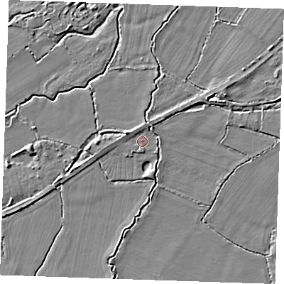 Shaded relief map of the ground around TN126QD, computed from Environment Agency LiDAR. The ground here sits at about 15 m above sea level and falls 4 m across the surrounding 800 m. Surface water reaching this point runs off ground lying to the west-north-west, 2.3 m higher.