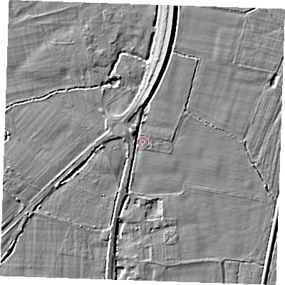 Shaded relief map of the ground around TN126QE, computed from Environment Agency LiDAR. The ground here sits at about 13 m above sea level and falls 4 m across the surrounding 800 m. Surface water reaching this point runs off ground lying to the north-west, 3.4 m higher.