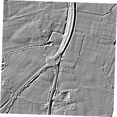 Shaded relief map of the ground around TN126QF, computed from Environment Agency LiDAR. The ground here sits at about 13 m above sea level and falls 4 m across the surrounding 800 m. Surface water reaching this point runs off ground lying to the south-south-west, 3.5 m higher.