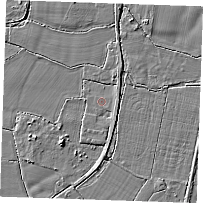 Shaded relief map of the ground around TN126QJ, computed from Environment Agency LiDAR. The ground here sits at about 14 m above sea level and falls 7 m across the surrounding 800 m. Surface water reaching this point runs off ground lying to the east-south-east, 1.2 m higher.