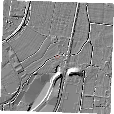 Shaded relief map of the ground around TN126QL, computed from Environment Agency LiDAR. The ground here sits at about 13 m above sea level and falls 11 m across the surrounding 800 m. Surface water reaching this point runs off ground lying to the south-east, 1.9 m higher.