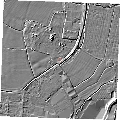 Shaded relief map of the ground around TN126QN, computed from Environment Agency LiDAR. The ground here sits at about 14 m above sea level and falls 9 m across the surrounding 800 m. Surface water reaching this point runs off ground lying to the east-south-east, 0.7 m higher.