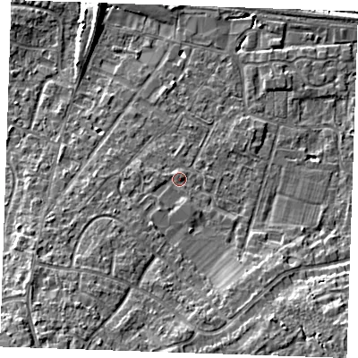 Shaded relief map of the ground around TN126QP, computed from Environment Agency LiDAR. The ground here sits at about 18 m above sea level and falls 10 m across the surrounding 800 m. Surface water reaching this point runs off ground lying to the south-west, 1.7 m higher.