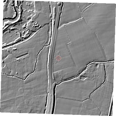 Shaded relief map of the ground around TN126QQ, computed from Environment Agency LiDAR. The ground here sits at about 13 m above sea level and falls 6 m across the surrounding 800 m. Surface water reaching this point runs off ground lying to the west, 1.3 m higher.