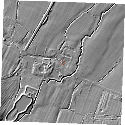 Shaded relief map of the ground around TN126QR, computed from Environment Agency LiDAR. The ground here sits at about 22 m above sea level and falls 11 m across the surrounding 800 m. Surface water reaching this point runs off ground lying to the south-west, 2.9 m higher.
