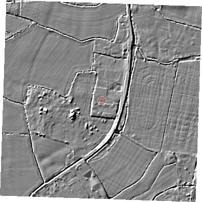 Shaded relief map of the ground around TN126QS, computed from Environment Agency LiDAR. The ground here sits at about 14 m above sea level and falls 7 m across the surrounding 800 m. Surface water reaching this point runs off ground lying to the south-south-east, 0.7 m higher.