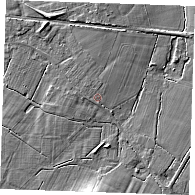 Shaded relief map of the ground around TN126QY, computed from Environment Agency LiDAR. The ground here sits at about 22 m above sea level and falls 11 m across the surrounding 800 m. Surface water reaching this point runs off ground lying to the west, 0.8 m higher.