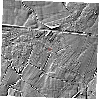 Shaded relief map of the ground around TN126QZ, computed from Environment Agency LiDAR. The ground here sits at about 21 m above sea level and falls 7 m across the surrounding 800 m. Surface water reaching this point runs off ground lying to the south, 3.1 m higher.