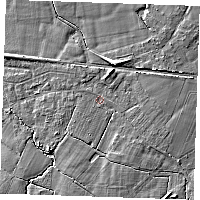 Shaded relief map of the ground around TN126RA, computed from Environment Agency LiDAR. The ground here sits at about 21 m above sea level and falls 8 m across the surrounding 800 m. Surface water reaching this point runs off ground lying to the south, 2.9 m higher.
