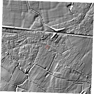 Shaded relief map of the ground around TN126RB, computed from Environment Agency LiDAR. The ground here sits at about 21 m above sea level and falls 9 m across the surrounding 800 m. Surface water reaching this point runs off ground lying to the south, 2.9 m higher.