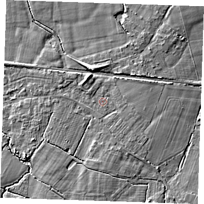 Shaded relief map of the ground around TN126RD, computed from Environment Agency LiDAR. The ground here sits at about 21 m above sea level and falls 7 m across the surrounding 800 m. Surface water reaching this point runs off ground lying to the south-south-east, 1.6 m higher.