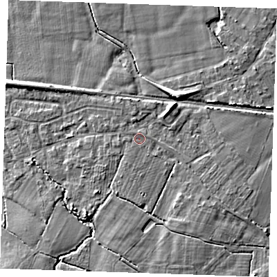 Shaded relief map of the ground around TN126RJ, computed from Environment Agency LiDAR. The ground here sits at about 21 m above sea level and falls 8 m across the surrounding 800 m. Surface water reaching this point runs off ground lying to the south-south-west, 3.2 m higher.