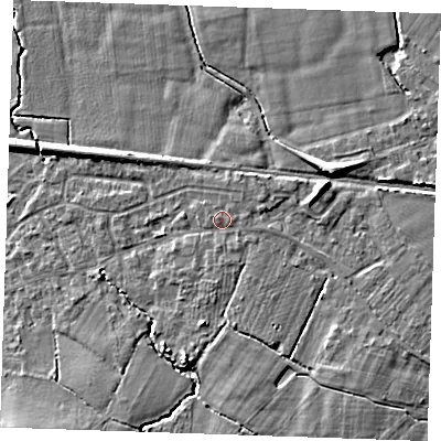 Shaded relief map of the ground around TN126RL, computed from Environment Agency LiDAR. The ground here sits at about 21 m above sea level and falls 8 m across the surrounding 800 m. Surface water reaching this point runs off ground lying to the south-south-west, 3.2 m higher.