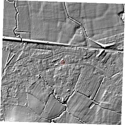 Shaded relief map of the ground around TN126RN, computed from Environment Agency LiDAR. The ground here sits at about 21 m above sea level and falls 8 m across the surrounding 800 m. Surface water reaching this point runs off ground lying to the south, 3.5 m higher.