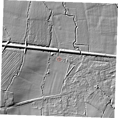 Shaded relief map of the ground around TN126RP, computed from Environment Agency LiDAR. The ground here sits at about 19 m above sea level and falls 8 m across the surrounding 800 m. Surface water reaching this point runs off ground lying to the south-west, 6.9 m higher.