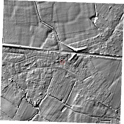 Shaded relief map of the ground around TN126RQ, computed from Environment Agency LiDAR. The ground here sits at about 20 m above sea level and falls 7 m across the surrounding 800 m. Surface water reaching this point runs off ground lying to the south-south-west, 1.0 m higher.